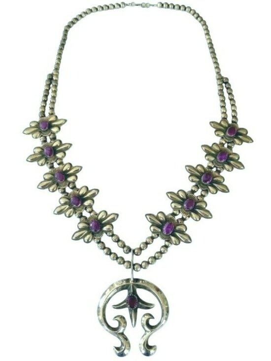 Navajo Jewelry - Navajo Squash Blossom Necklace Purple Spiny Oyster Sterling Robert Johnson SIGNE